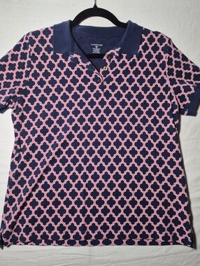 Lands' End Navy and Pink Geometric Polo Shirt Womens S/P